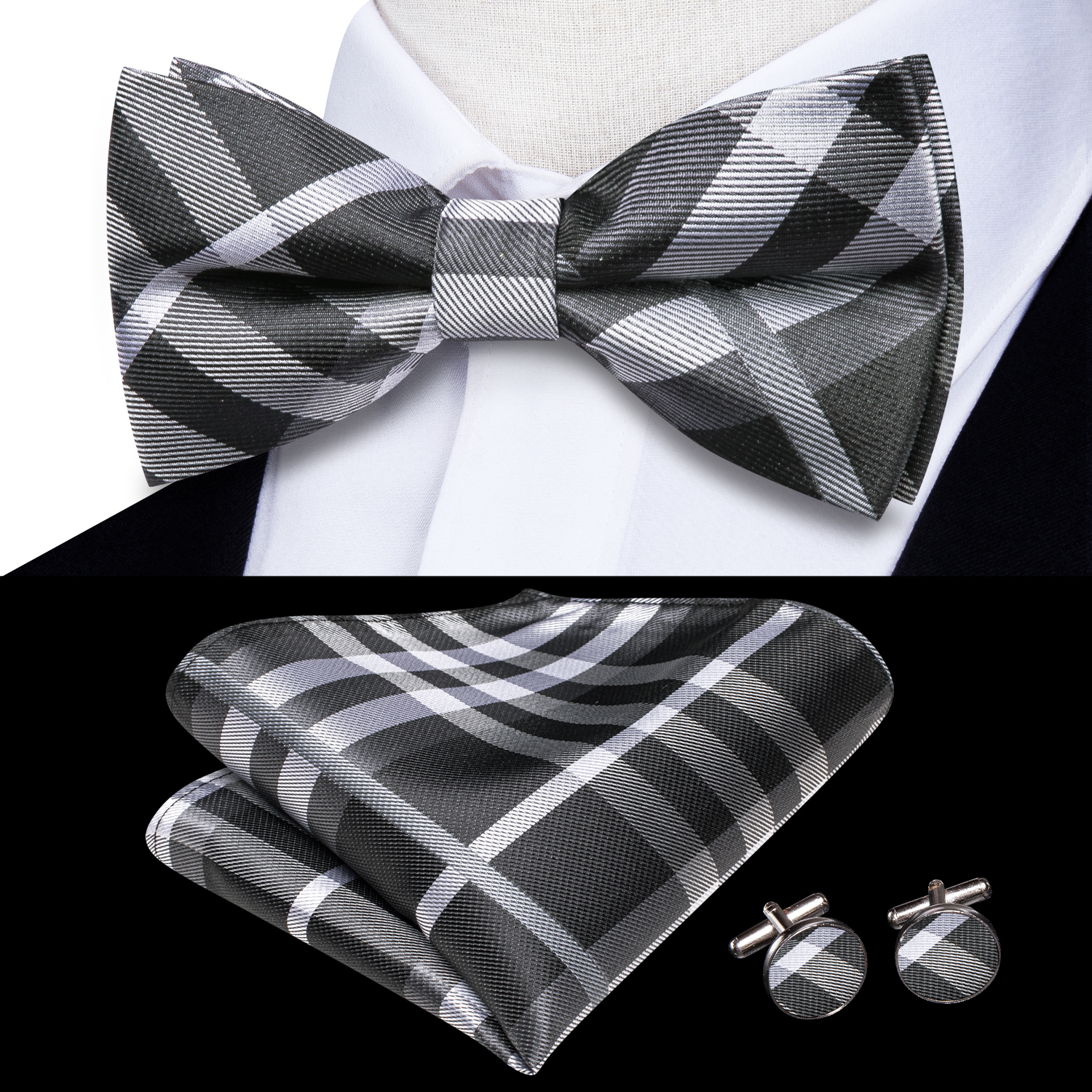 Hi-Tie Grey Plaid Jacquard Sil – обзор и цена Bow Tie Pre Tied